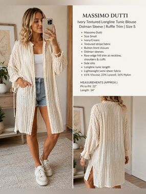 Massimo Dutti Ivory Textured Longline Tunic Blouse | Dolman Sleeve | Ruffle Trim